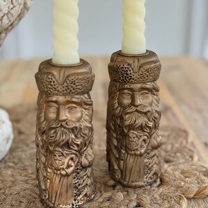 Vintage Gold Ceramic Santa Candle Holders Set of Two